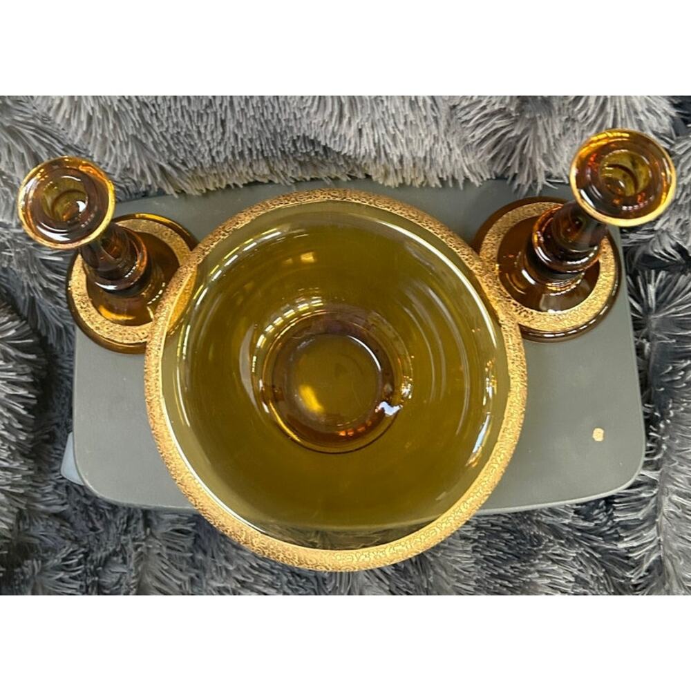 Tiffin Bowl and Candlestick Set Amber Glass Engraved Floral Gold Encrusted MCM